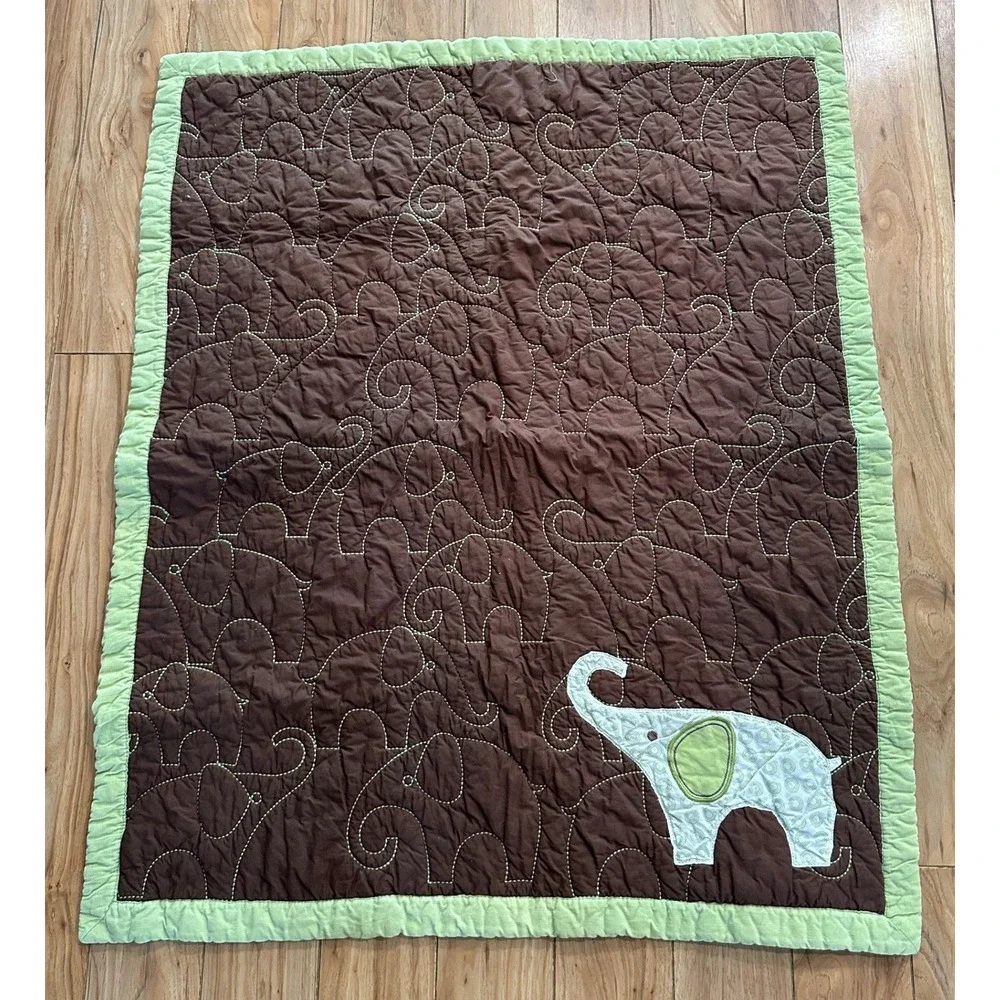 Vintage Carter's Elephant Baby Quilt Brown Green Nursery Baby Blanket 42x35